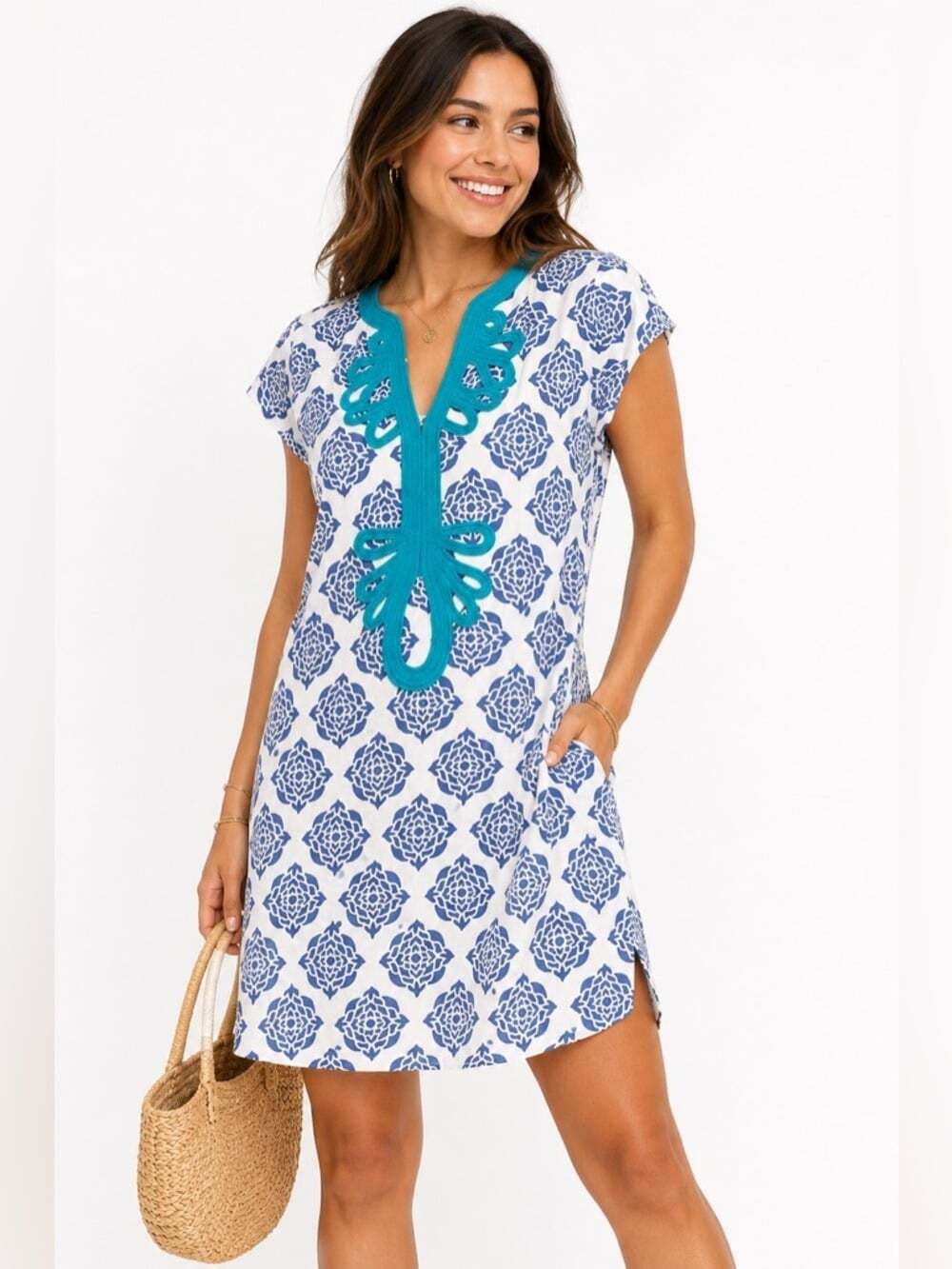 Hatley Women’s White Blue Floral Shirt Sleeved Fitted Midi Dress Size Medium